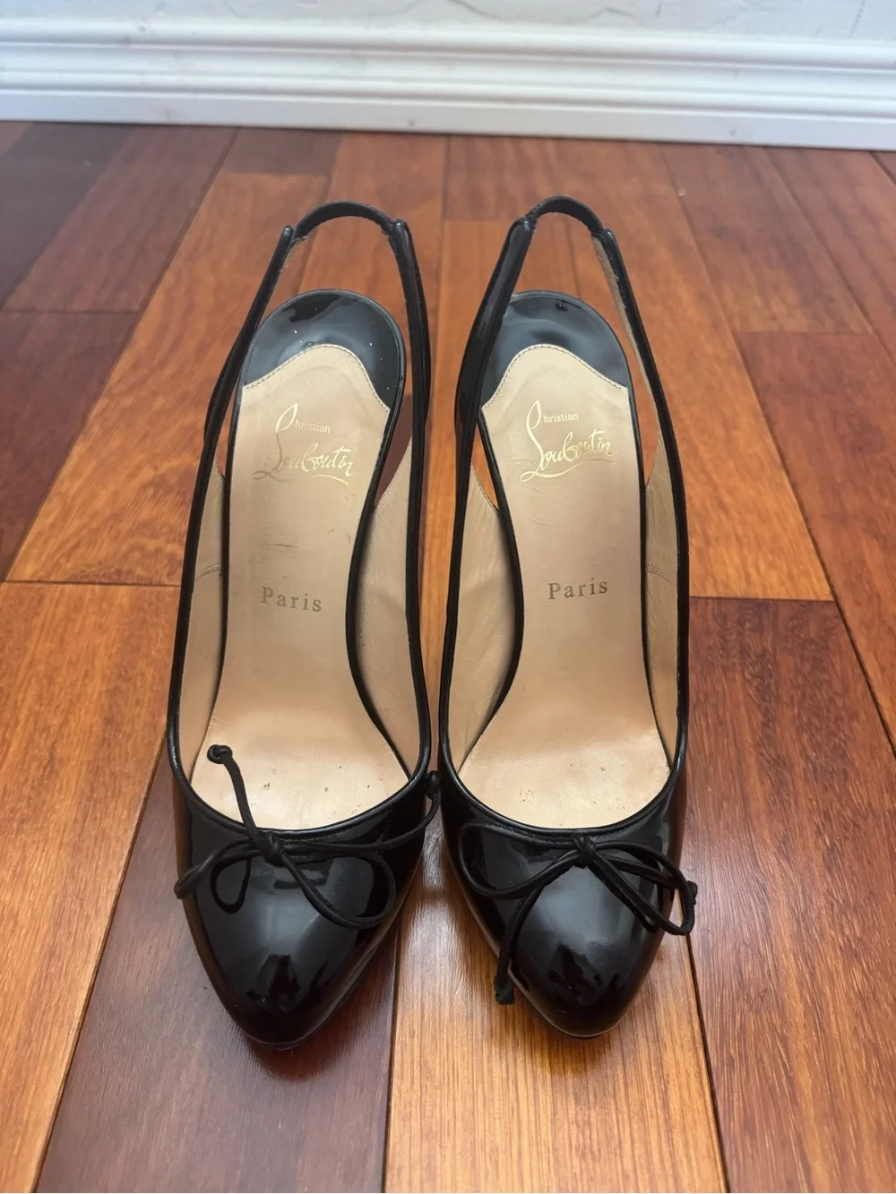 Christian Louboutin Black Patent Ballet Slingback Bow Pumps